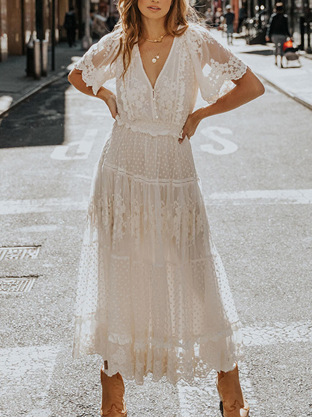 Elegant white V-neck lace A-line midi dress for women, perfect for summer. Bohemian style short sleeve design.