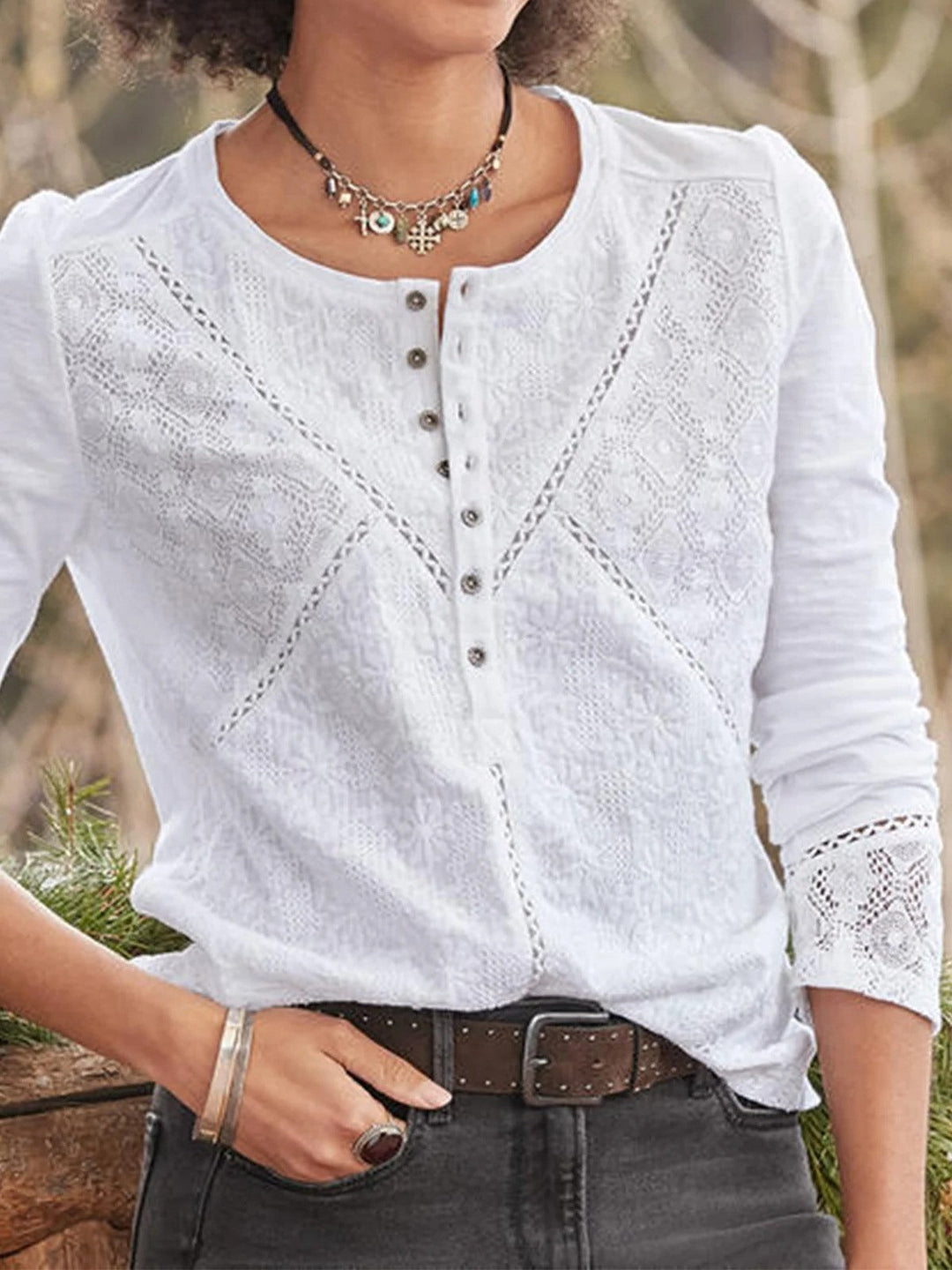 Elegant white women's long sleeve blouse with delicate lace detail & crew neck for versatile office or casual wear.
