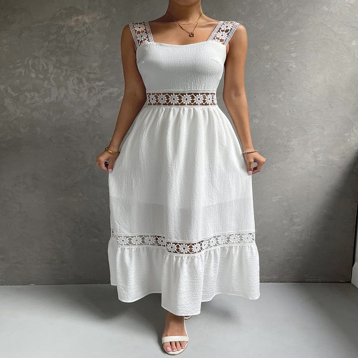 Elegant white women's maxi dress with floral trim, sleeveless, square neck. Perfect for summer occasions.