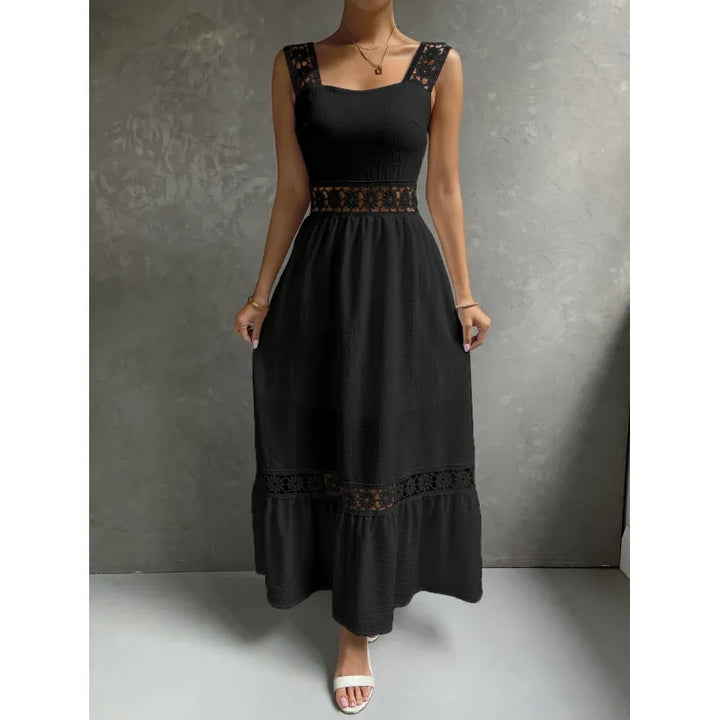 Comfortable black sleeveless maxi dress for women, featuring elegant floral trim and a stylish square neck.