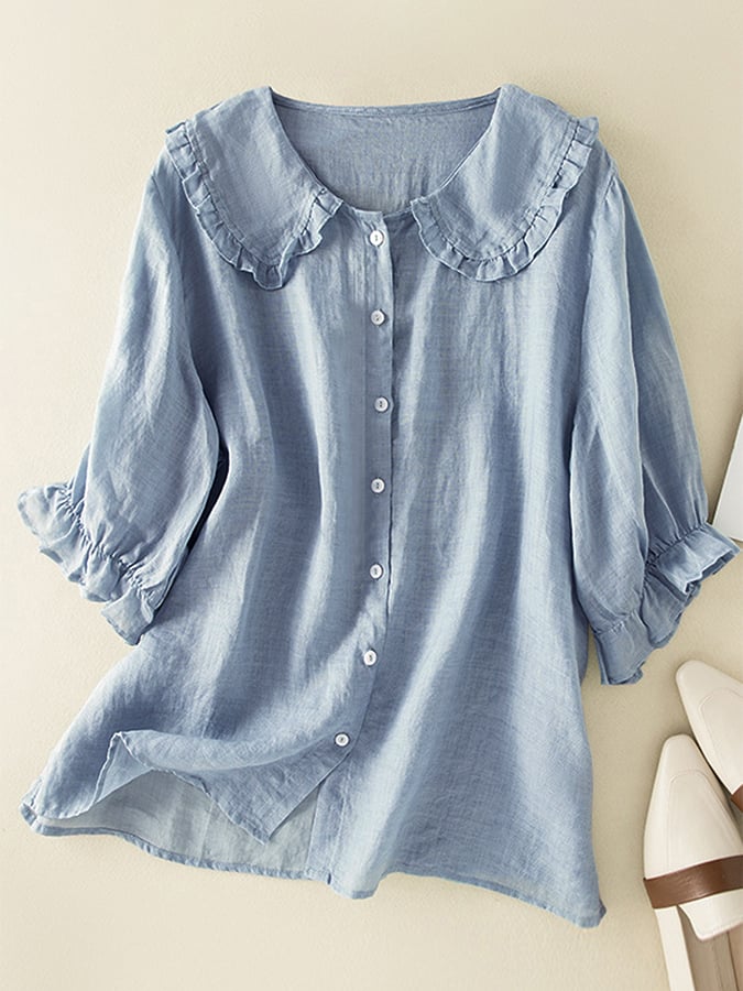 Elegant white women's ruffled collar three-quarter sleeve shirt. Versatile blouse for office wear, brunch, or summer.