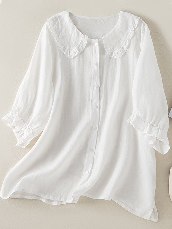 Chic blue women's three-quarter sleeve shirt with a delicate ruffled collar & button-front. Perfect for summer fashion.