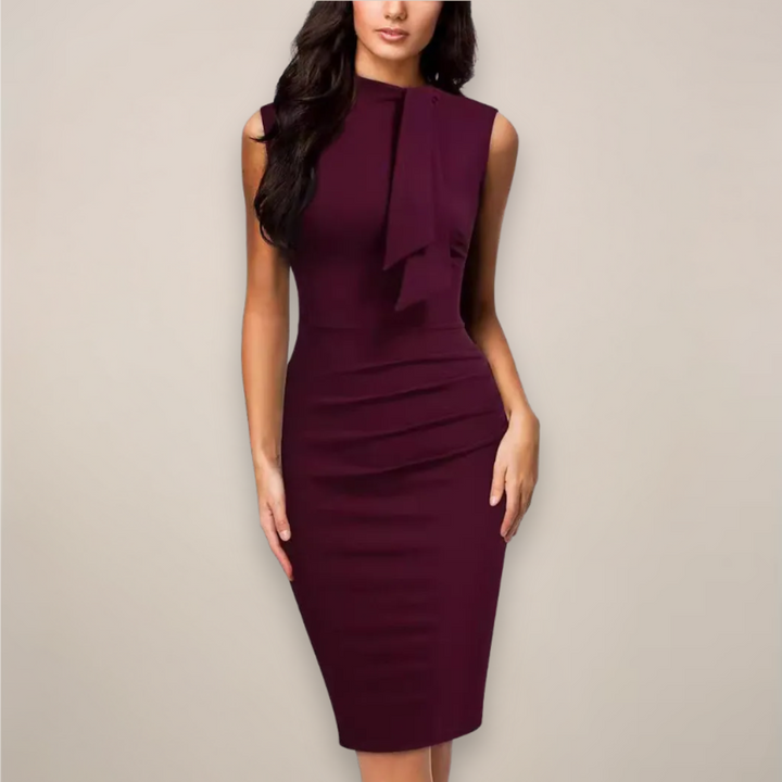 Elegant wine red sleeveless midi dress for women, perfect for work or an evening out.