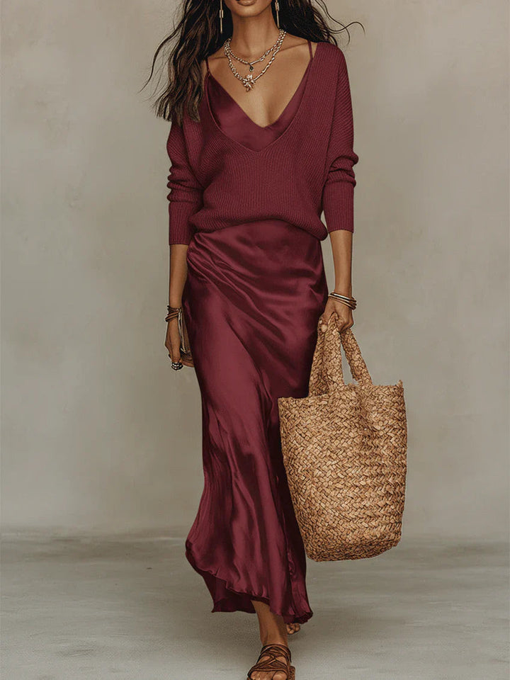 Semi-formal women's two-piece midi dress and long sleeve sweater set, an elegant coordinated outfit for modern style.