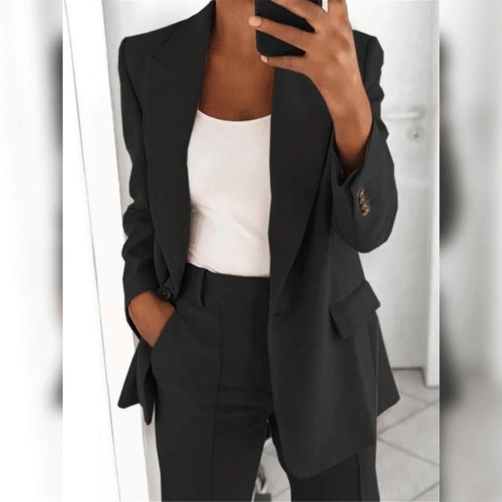 Sophisticated women's tailored blazer & matching straight-leg pants, perfect for office or formal events.
