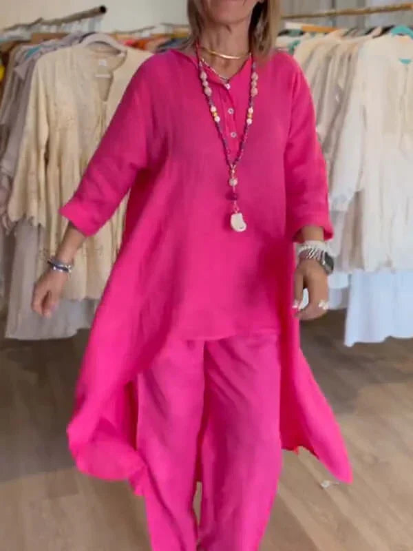 Chic women's two-piece summer suit set, perfect for elegant warm weather fashion & versatility.