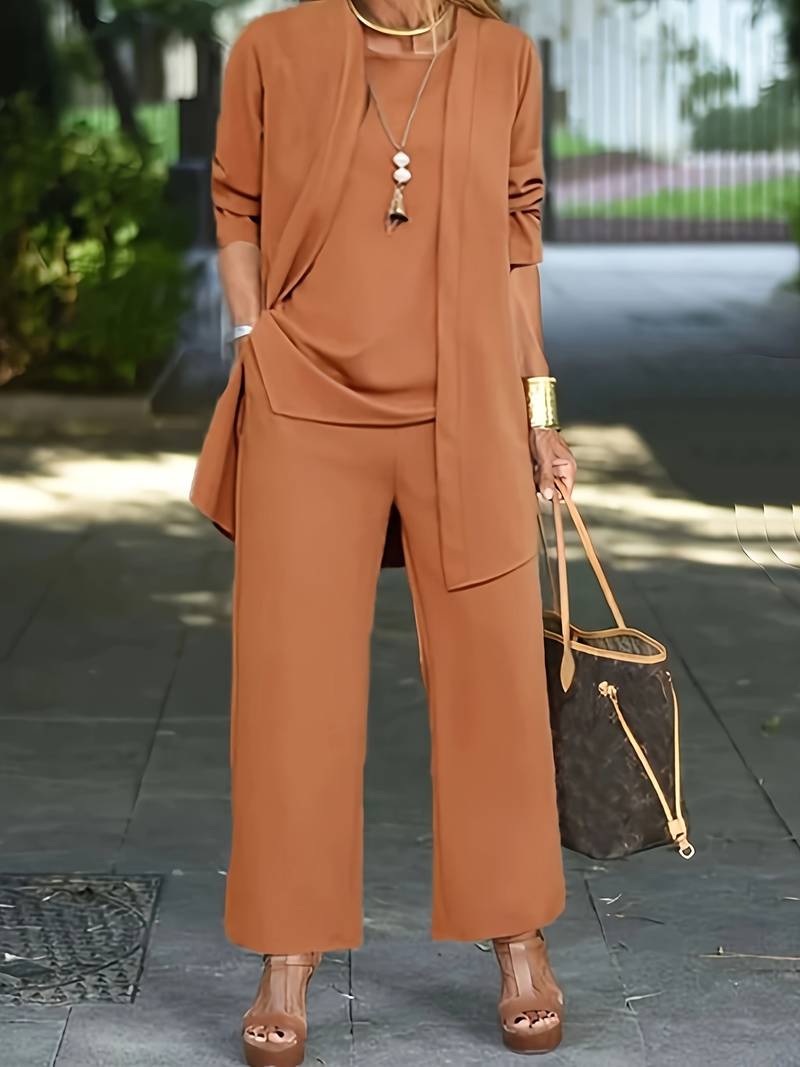 Comfortable women's matching set with open-front jacket, wide-leg trousers, & cami top. Polyester blend.