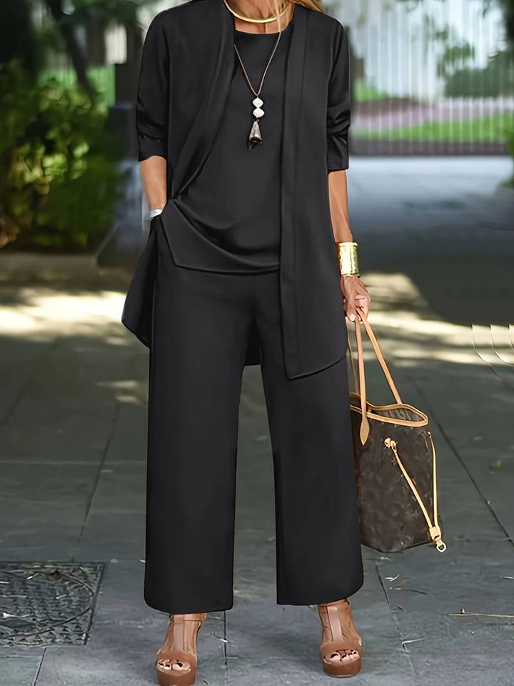 Stylish women's 3-piece set: elegant open-front jacket, wide-leg pants, & inner top. Perfect for fashion.