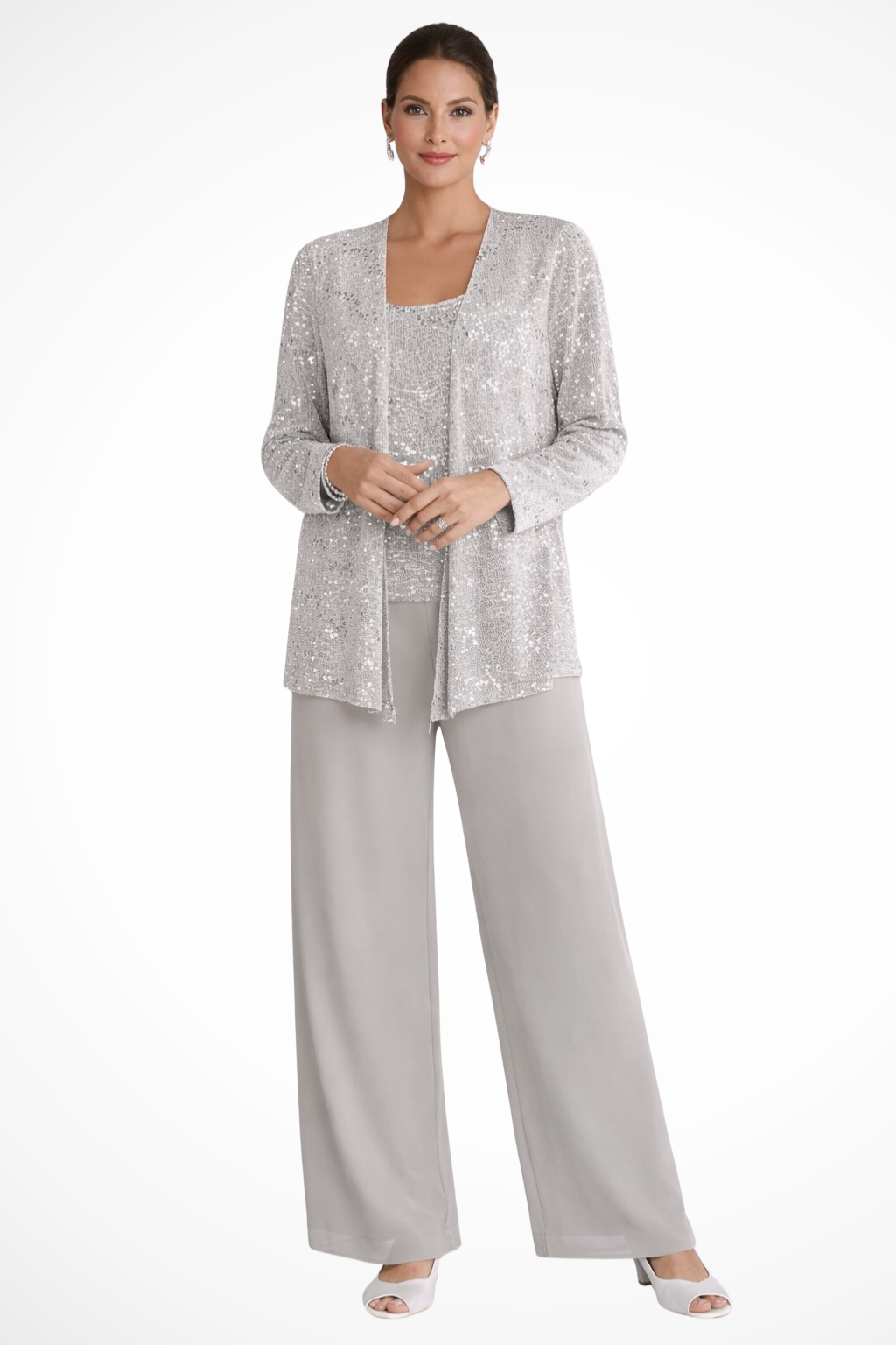 Elegant women's 3-piece sequin embellished wide leg pant suit set for formal events.