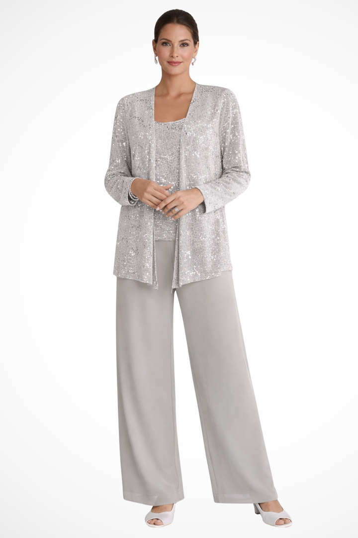 Elegant women's 3-piece sequin embellished wide leg pant suit set for formal events.