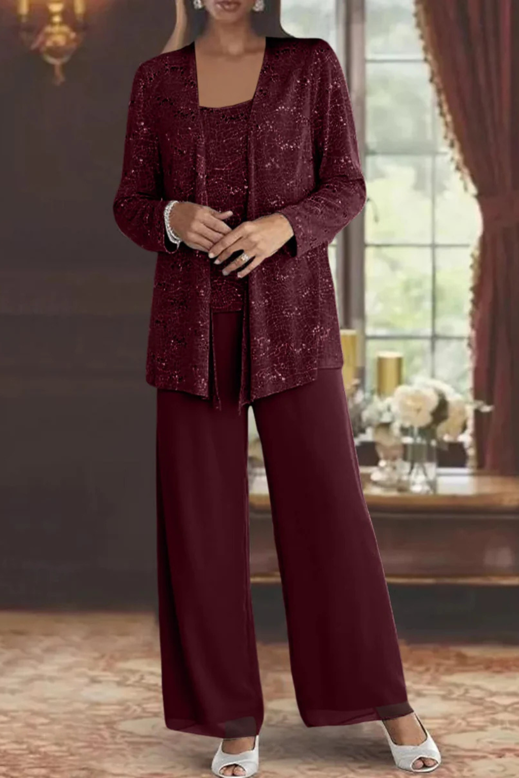 Sophisticated women's sequin wide leg pant suit, a glamorous 3-piece formal evening outfit.