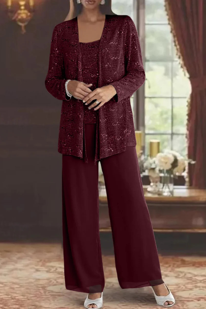 Sophisticated women's sequin wide leg pant suit, a glamorous 3-piece formal evening outfit.