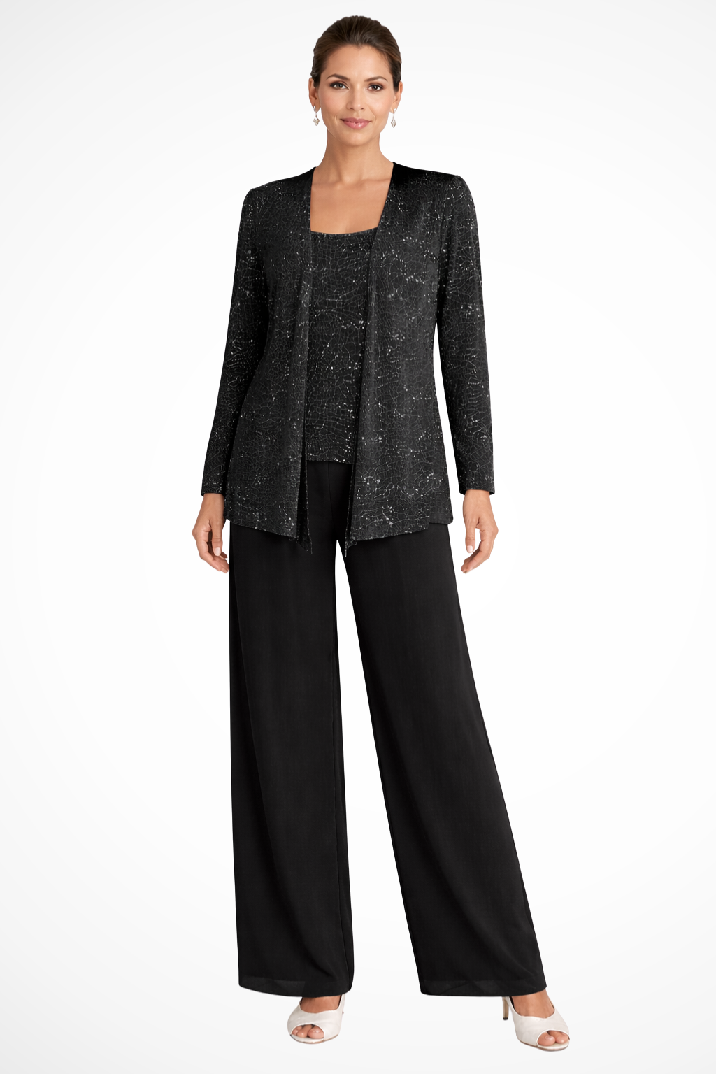 Formal women's sequin embellished wide leg pant suit, ideal for cocktail parties & galas.
