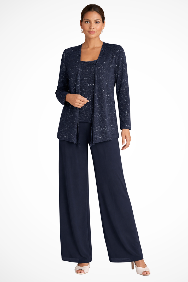 Elegant women's sequin pant suit set with wide leg pants for a stunning special occasion look.