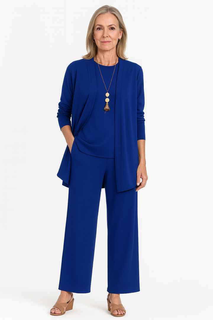 Women's elegant 3-piece versatile set styled for a chic look. Comfortable business casual fashion outfit.