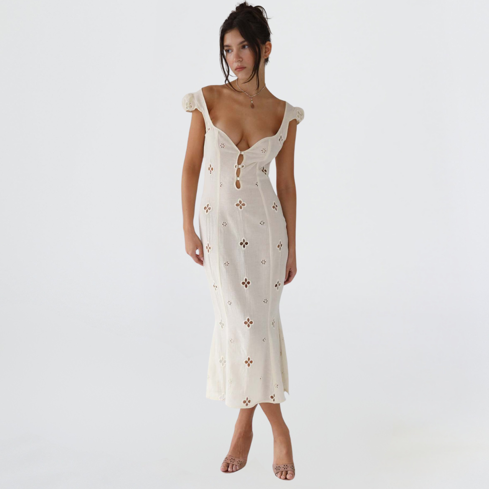 Sophisticated black midi dress with delicate lace detailing, ideal for evening parties or cocktail events.