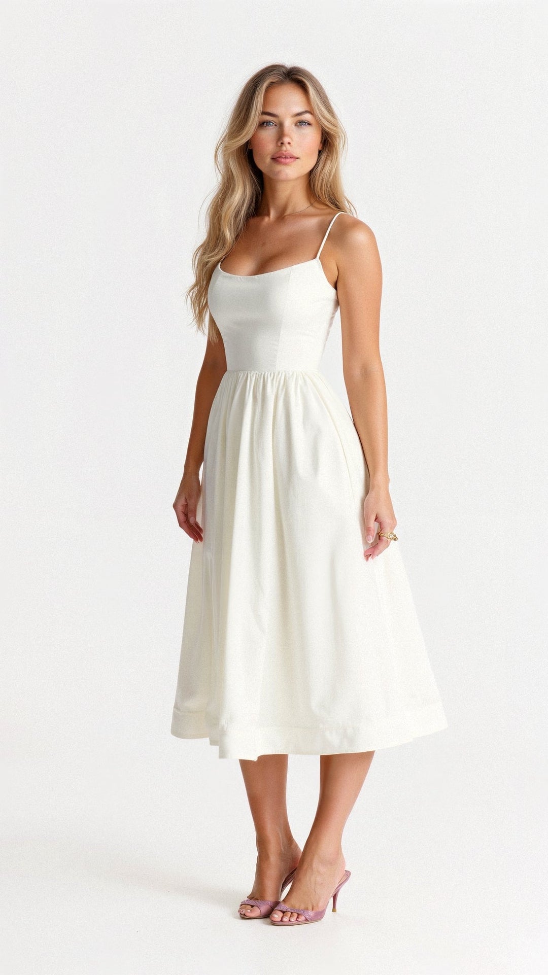 Elegant women's A-line midi dress with spaghetti straps, perfect for special occasions & summer fashion.