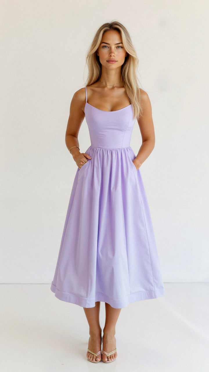 Elegant women's spaghetti strap midi dress. A-line design, perfect for special occasions, summer, and spring.