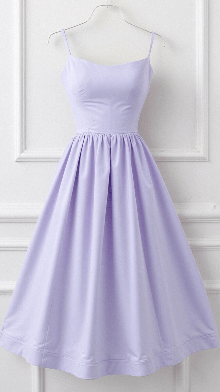 Feminine A-line midi dress for women. Elegant spaghetti strap design, perfect for spring/summer events.
