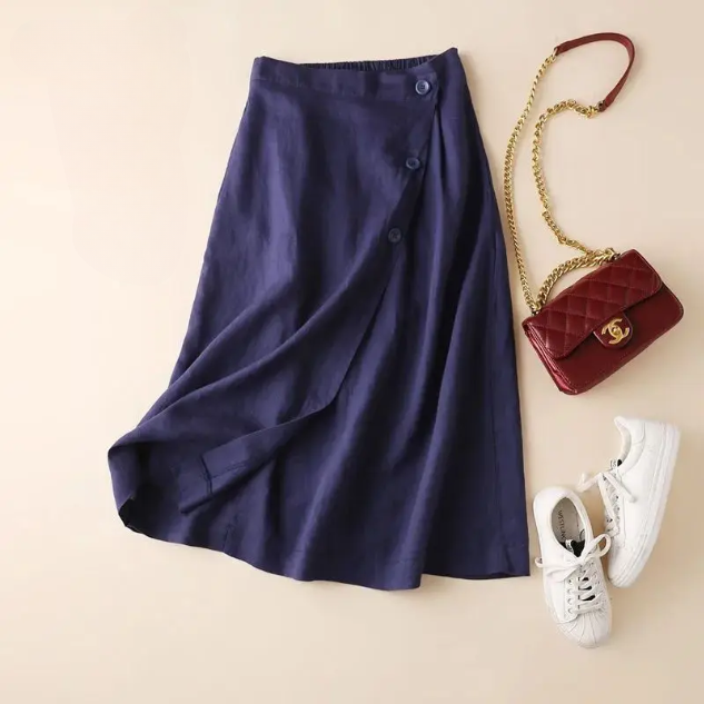 Elegant women's A-line wrap midi skirt with button detail, perfect for summer casual & versatile everyday wear.