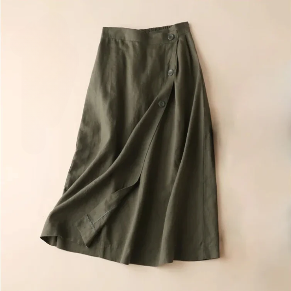 Comfortable women's A-line wrap midi skirt, an elegant & versatile piece for everyday wear and summer fashion.