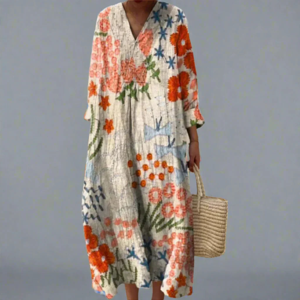 Elegant women's abstract floral v-neck long sleeve dress, perfect for spring/summer casual or elegant wear.