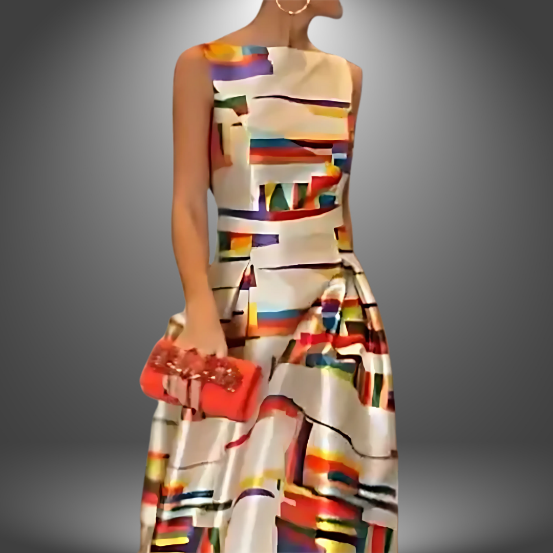 Stunning A-line abstract print sleeveless maxi dress. Chic formal evening gown for parties, cocktails & events.