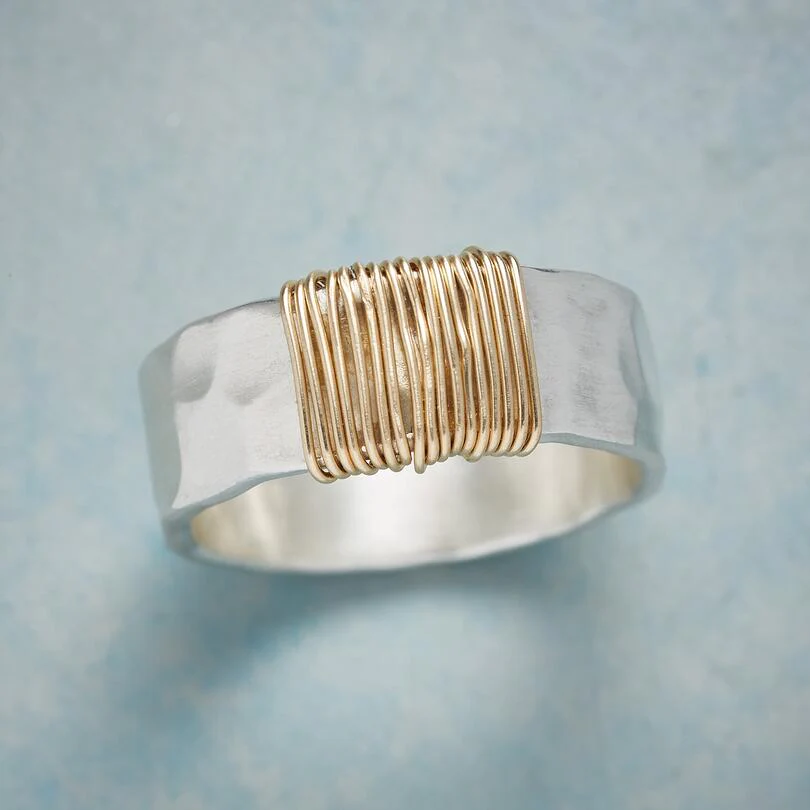 Elegant women's artisan silver ring featuring a vintage gold-wire accent. Perfect jewelry gift for her.