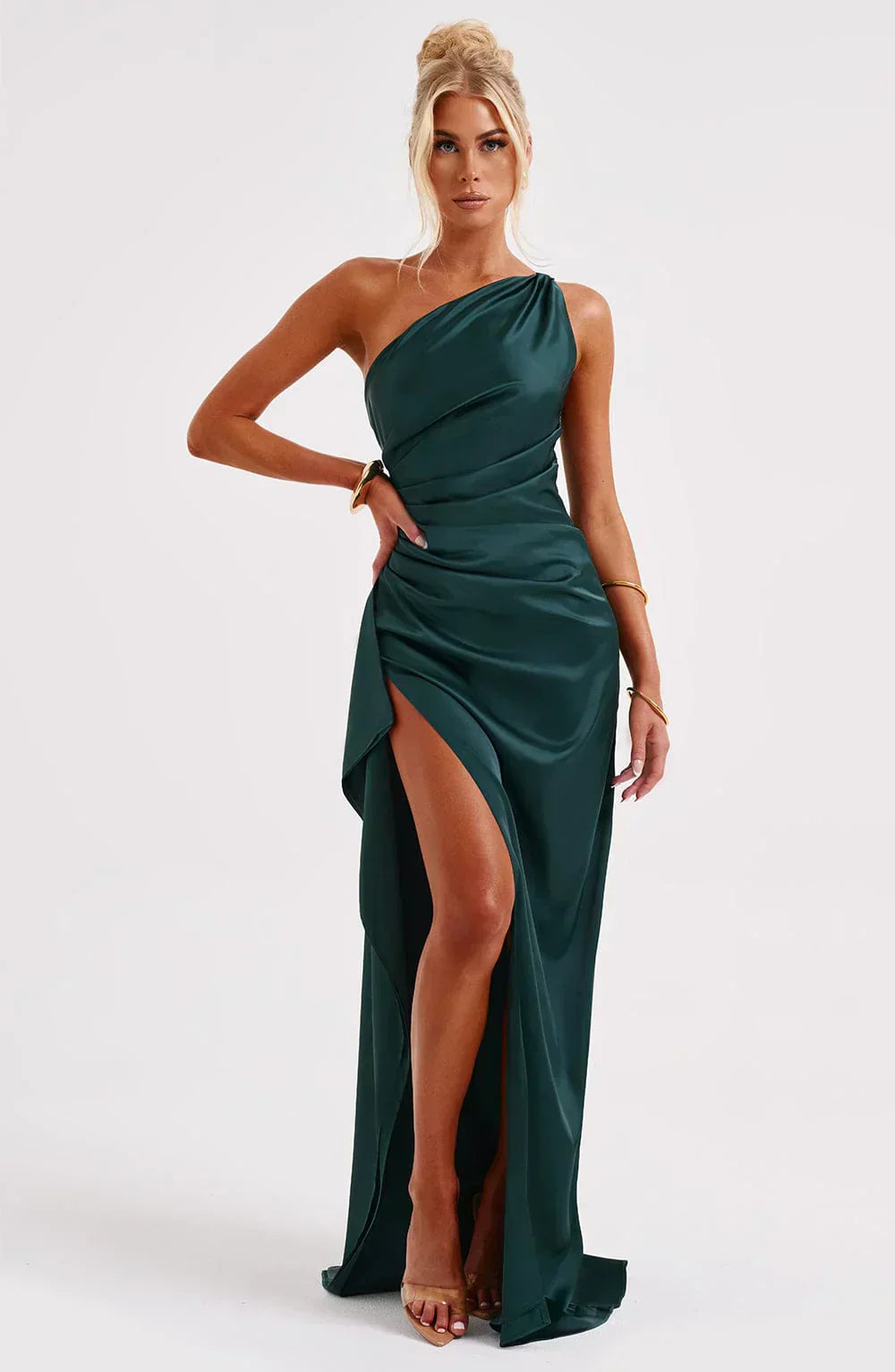 Dark grey one-shoulder maxi dress, a sophisticated and versatile eveningwear option