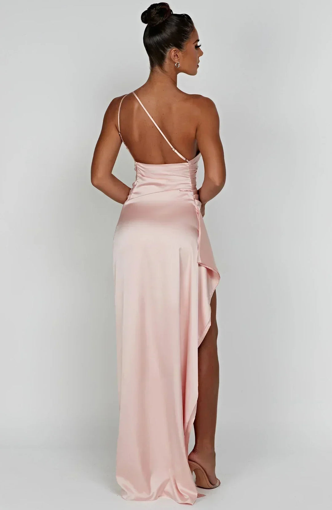 Full back view of a women's elegant one-shoulder maxi dress, tailored for evening