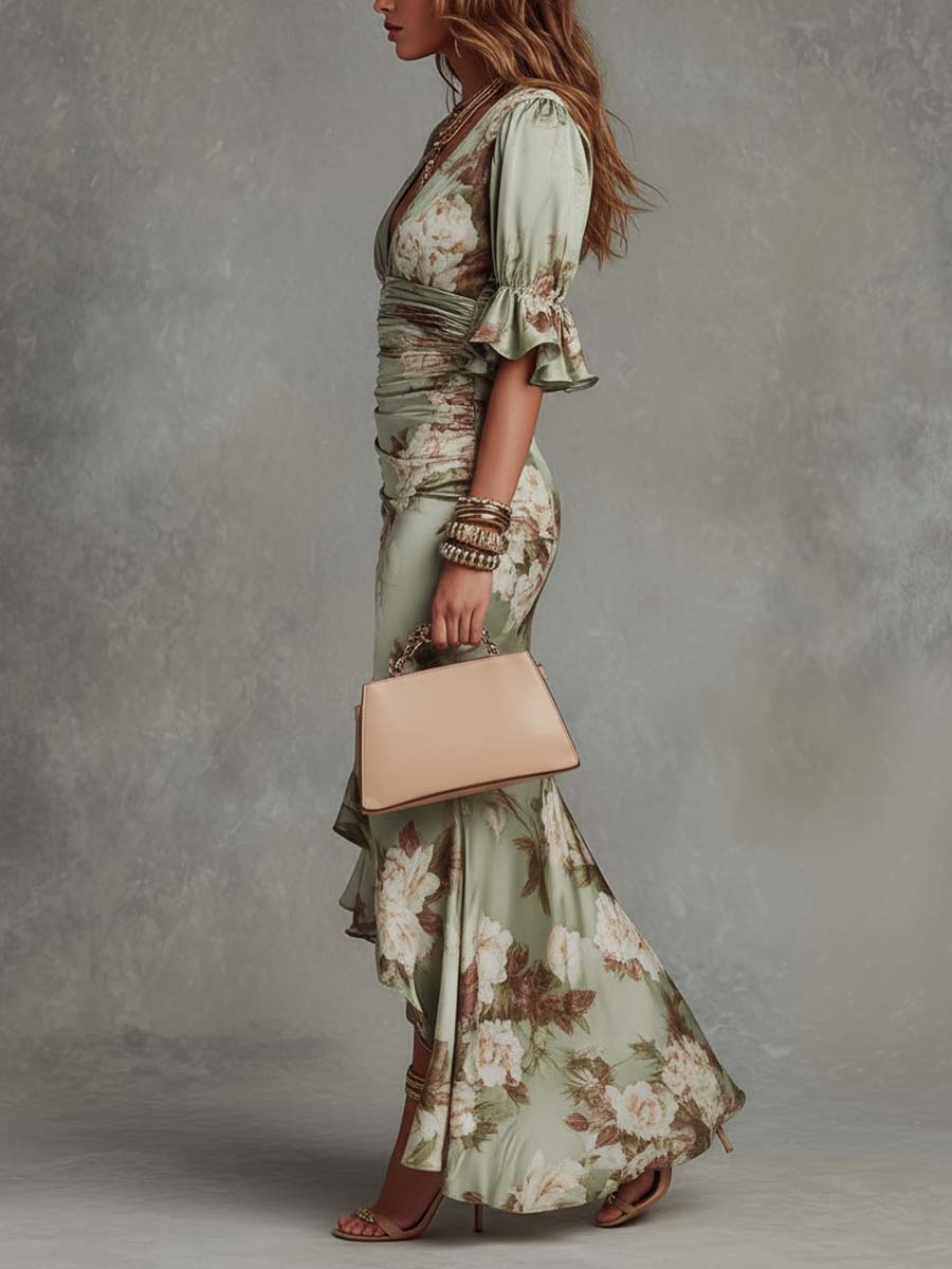Flowing green maxi dress for women, an elegant asymmetrical evening gown with a flattering silhouette for celebrations.