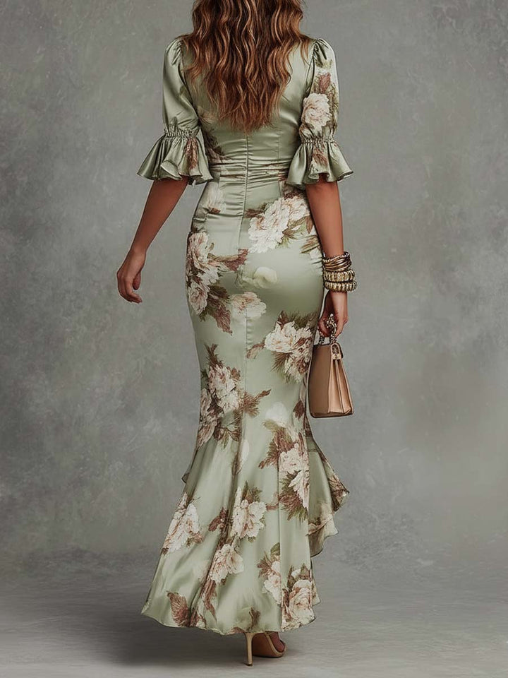 Stunning green asymmetrical maxi dress for women. This elegant flowing dress is ideal formal wear or an occasion gown.