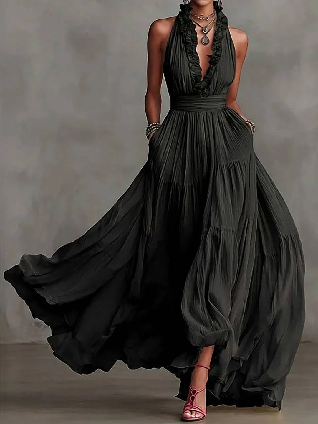 Women's formal pleated maxi dress, backless design with elegant ruffle trim. Ideal for special occasions & events.