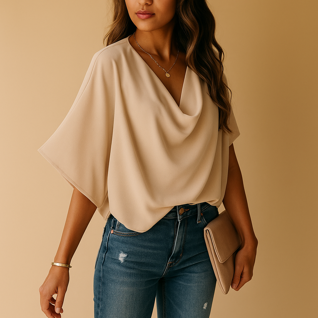 Versatile women's batwing sleeve summer top, an elegant V-neck blouse with a relaxed fit for effortless style.