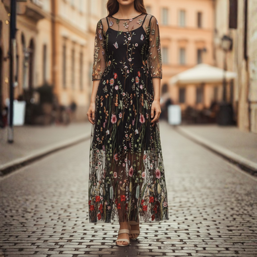 Luxurious black evening gown for women, a maxi dress with exquisite floral embroidery, three-quarter sleeves, and a round neck.
