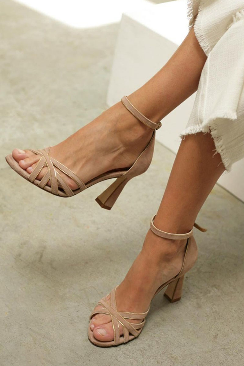 Elegant women's beige peep toe strappy heeled sandals. Perfect dress shoes for summer parties & formal occasions.