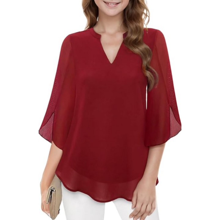 Chic women's V-neck blouse with flowy bell sleeves, a sophisticated and stylish choice for women.