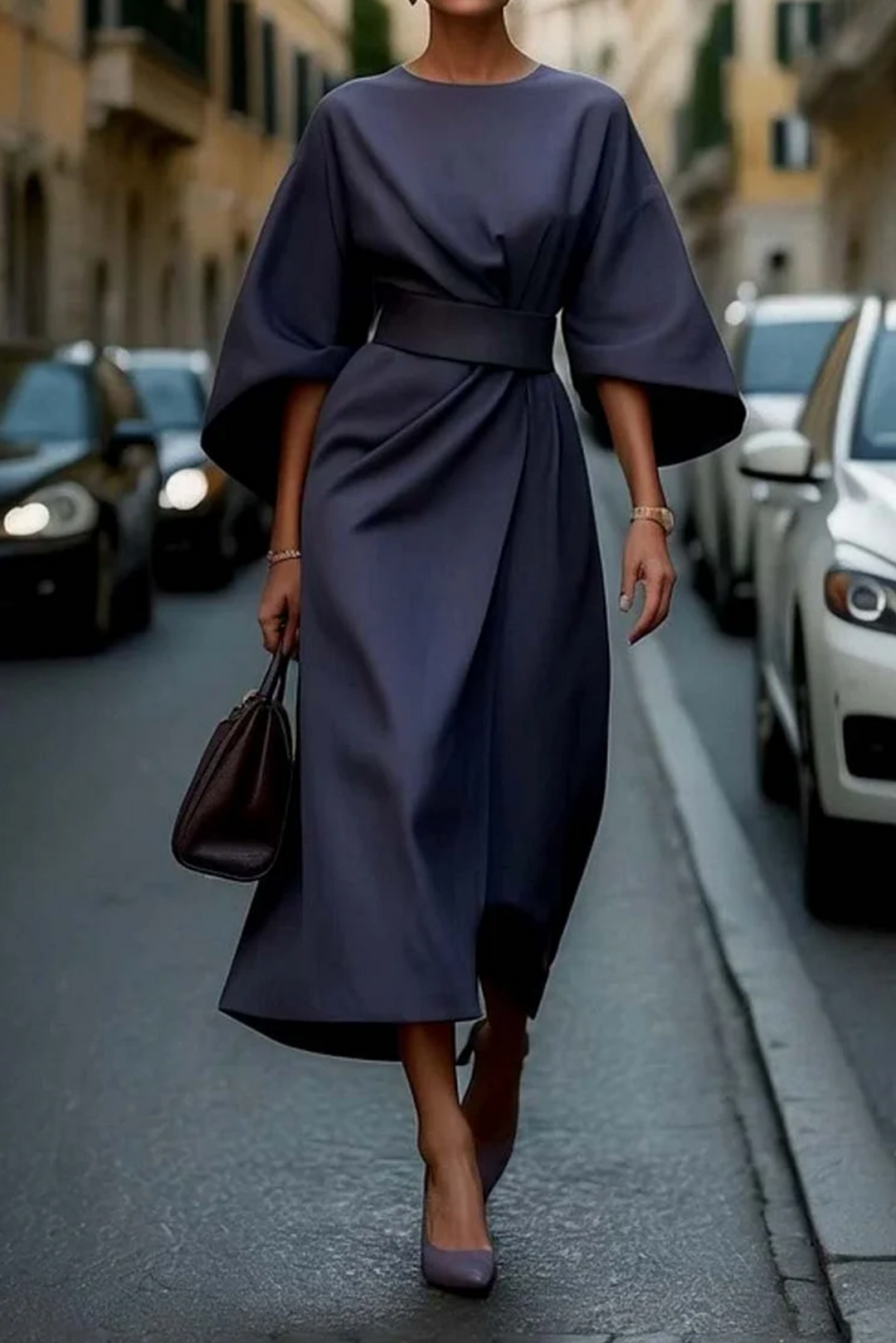 Stylish A-line midi dress for women, featuring a flattering belt and wide sleeves, ideal for elegant casual wear.