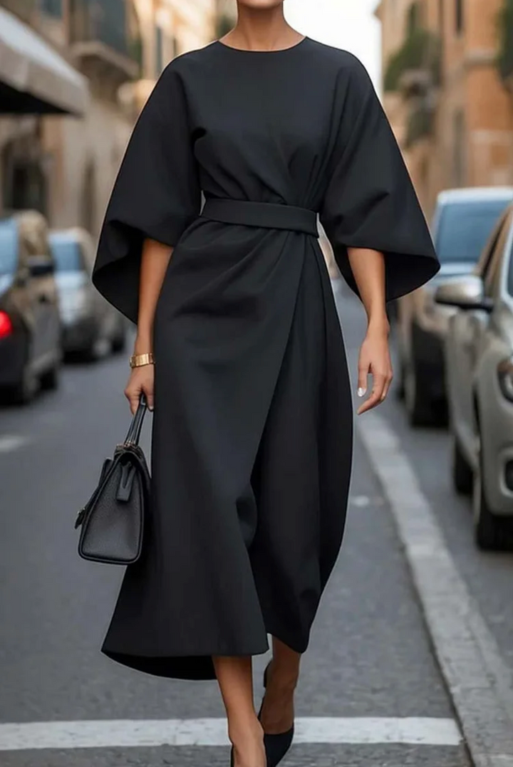 Chic women's belted midi dress, designed with elegant wide sleeves & a comfortable round neck for modern fashion.