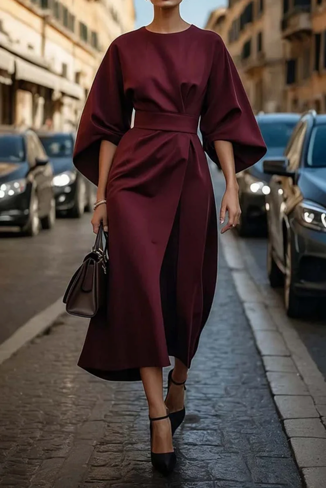 Beautiful A-line midi dress for women, featuring a stylish belt, wide sleeves, and a classic round neck design.