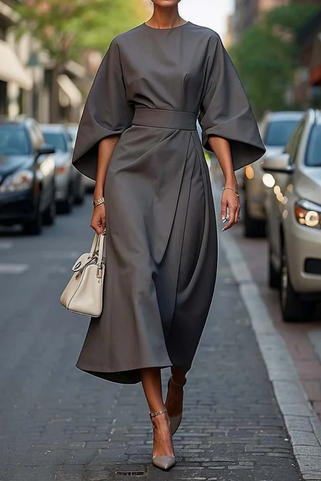 Lightweight summer midi dress for women with wide sleeves, elegant belt, and a comfortable round neck, perfect for ladies.