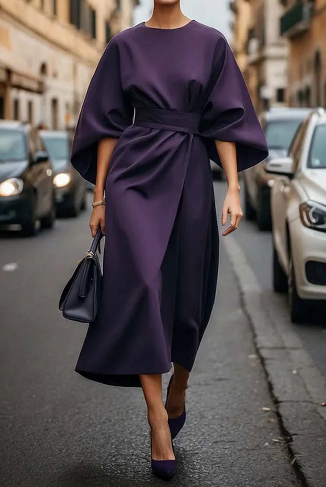 Graceful women's elegant midi dress, styled with wide sleeves, a flattering belt, and a sophisticated round neckline.