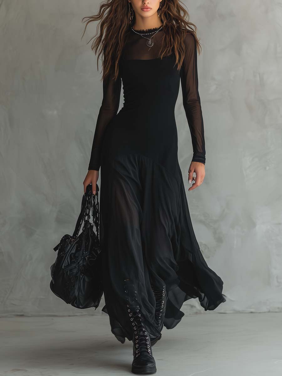 Elegant women's black formal maxi dress with long sleeves, perfect for evening events & special occasions.