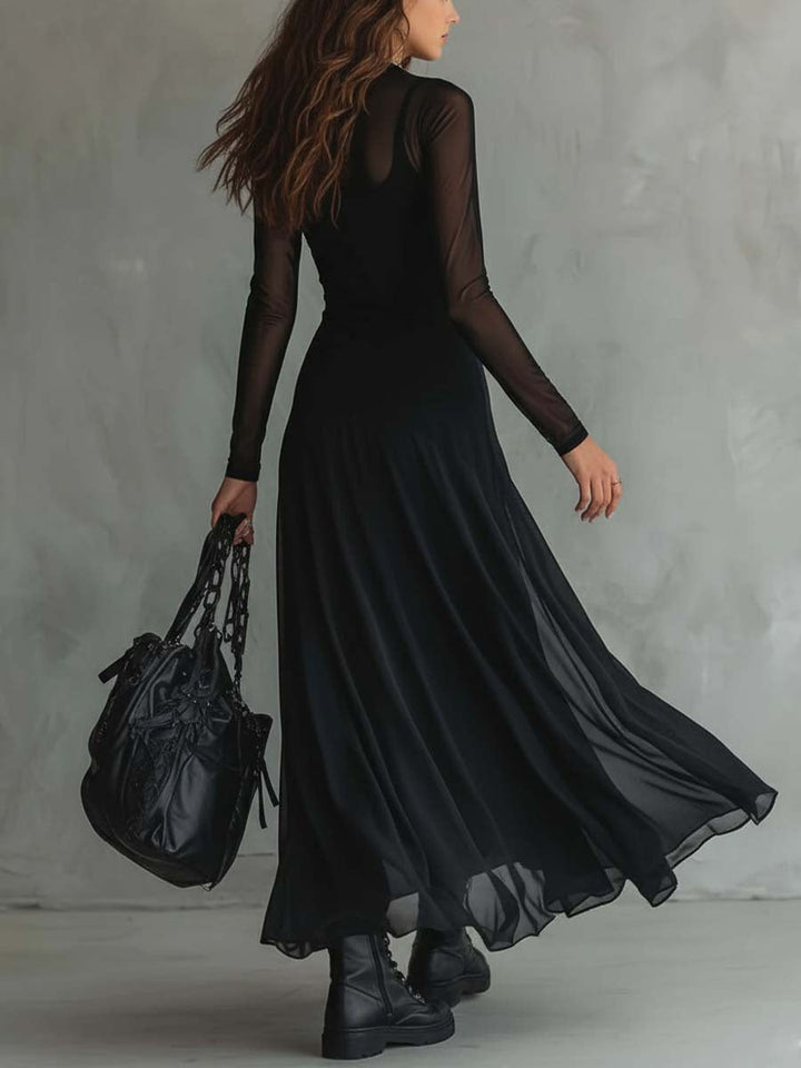Stunning black tie women's maxi dress. Elegant long-sleeve black formal gown for evening wear & galas.