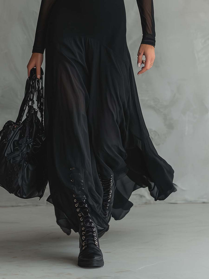 Chic women's elegant black maxi dress. Long-sleeve formal evening gown, perfect for special occasions.