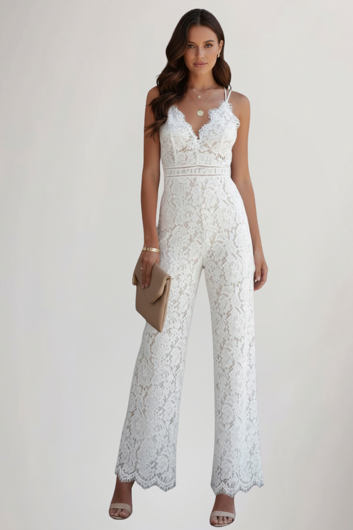 White sleeveless V-neck lace jumpsuit for women, ideal for summer parties, formal events & elegant outfits.
