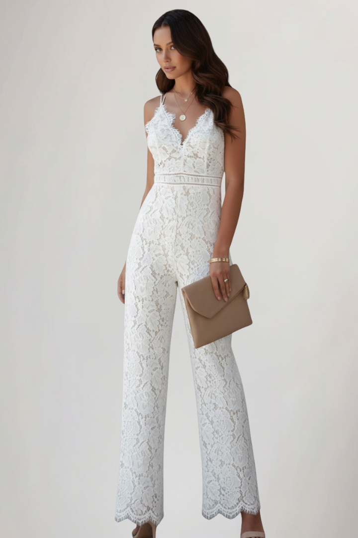 Stylish women's sleeveless V-neck jumpsuit with delicate lace and straight-leg design, suitable for formal events.
