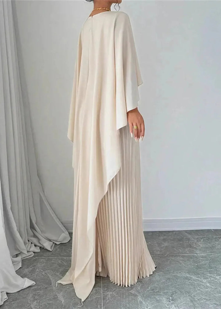 Flowy women's elegant pleated maxi dress with a chic cape overlay & crew neck, ideal for special occasions.