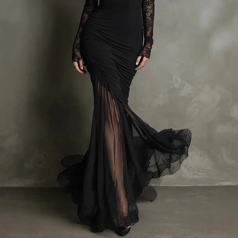 Sophisticated women's black mermaid evening gown. A stunning V-neck maxi dress for formal events and fashion.