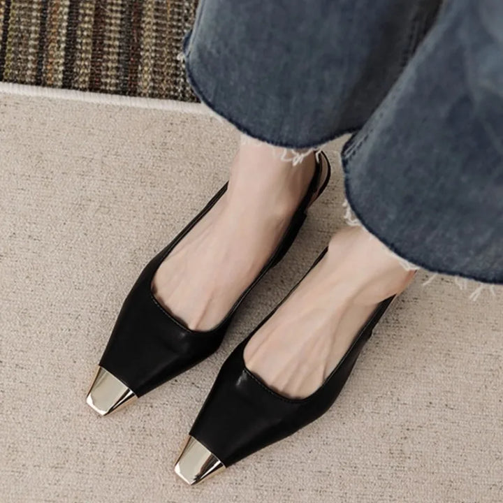 Comfortable women's black block heel slingbacks with a touch of metallic elegance, versatile dress shoes